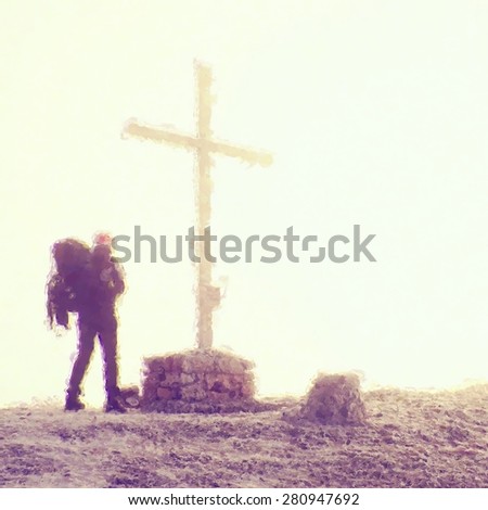 Realistic watercolor paint .Tourist with big backpack stand at cross memorial on mountain peak. Man is watching into misty Alpine valley bellow. Metal cross at a mountain peak.