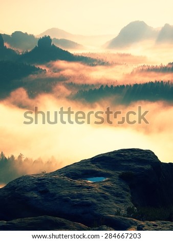 Dreamy misty landscape. Majestic mountain cut the lighting mist. Deep valley is full of colorful fog and rocky hills are sticking up to Sun.
