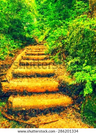 Watercolor paint. Paint effect. Old wooden stairs in overgrown forest garden, tourist footpath. Steps from cut beech trunks, fresh green branches above footpath