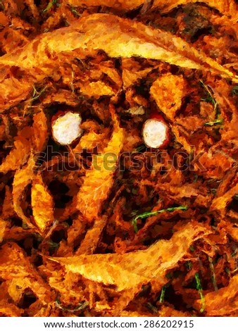 Watercolor paint. Paint effect.. Face made from chestnuts and dry leaves. Autumn park ground with colorful chestnuts leaves