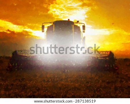 Watercolor paint. Paint effect..Abandoned combine harvest wheat with lighted main lights in the middle of a farm field. Morning yellow wheat field on the sunset