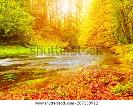 Watercolor paint. Paint effect..Colors of autumn mountain river. Colorful gravel with leaves, leaves trees bended above river.