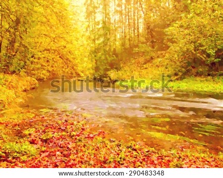 Watercolor paint. Paint effect. Colorful gravel on bank at autumn mountain river. Bended branches with last leaves above water make reflection