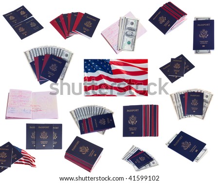 Collage of passports, US money and US flags on white isolated
