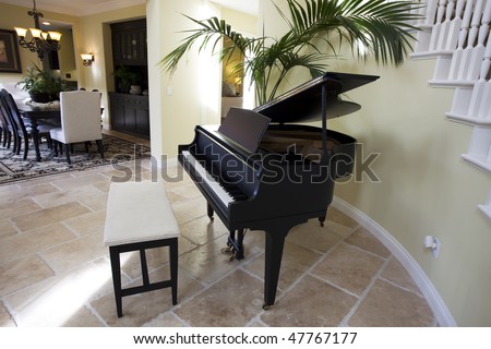 Black grand piano in luxury home.