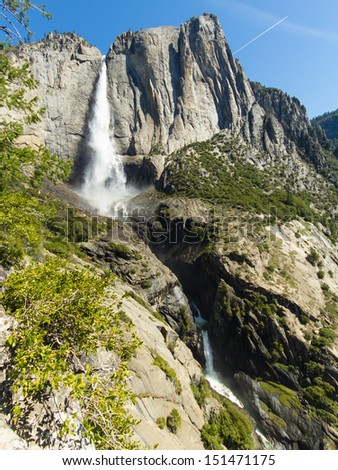 Upper Yosemite Falls viewed from a view point mid way up a hike to the summit