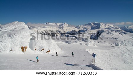 Skiing and snowboarding off the Peak of Whistler mountain in Canada