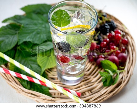 Detox fizzy drink with lemon and fresh berries