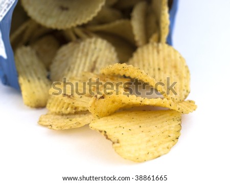 Open bag of potato chips on white background