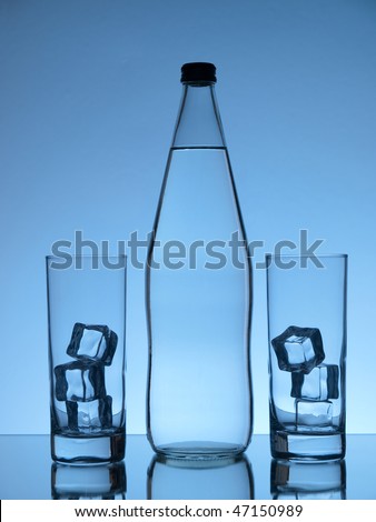 Bottle of water and two glasses with ice on blue