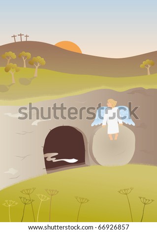 Empty tomb. The Easter story. Angel sitting on the stone in the front of the empty tomb of Jesus.