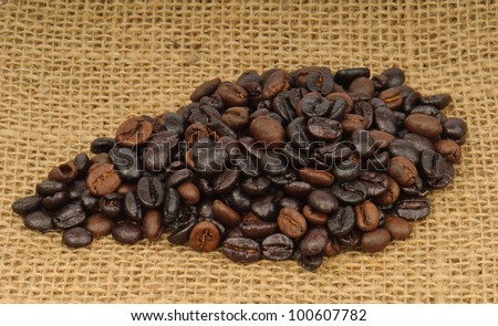 Roasted dark brown and light brown coffee beans on a jute bag