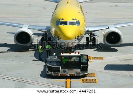 An aircraft ready to leave the parking site for take off