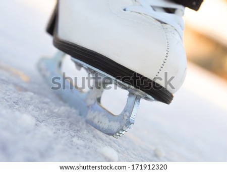 Detail of an ice skate on a lake in winter