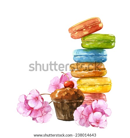 Watercolor creative traditional french dessert sweet cakes set
