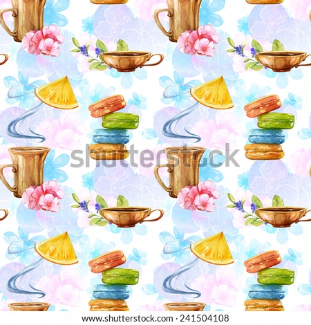 Watercolor colorful tender seamless background tea set with herbs and macarons
