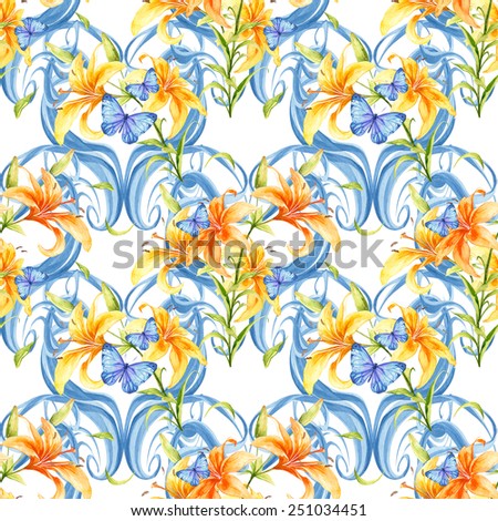 Watercolor handmade colorful lilly flowers seamless pattern set with curls