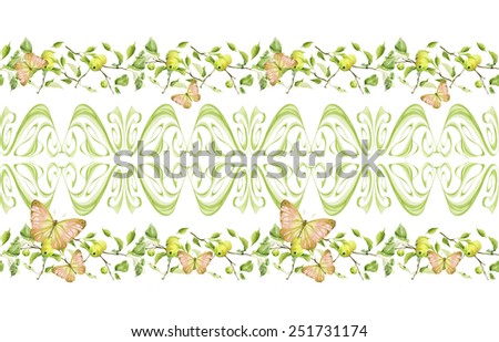 Watercolor colorful handmade seamless abstract border set with apples and butterflys