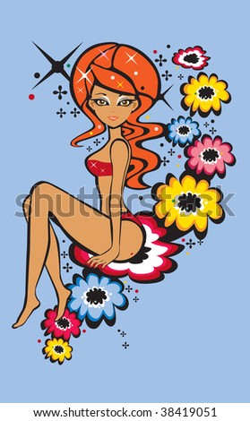 stock photo : An attractive cartoon girl with red curly hair sitting on a 