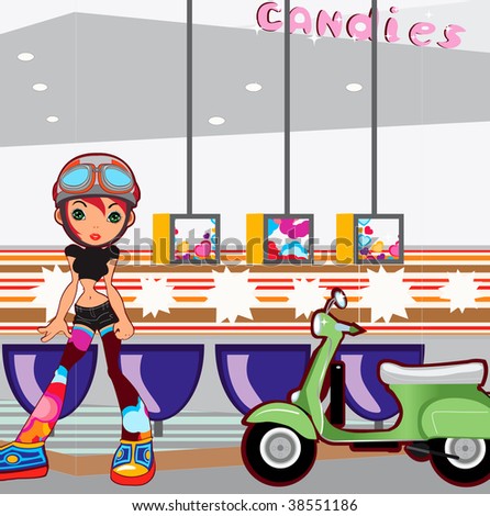 Cartoon Girl Cycling. of a cartoon teenage girl