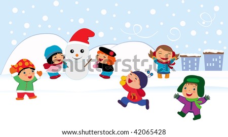 Children Playing In The Snow. children playing with snow