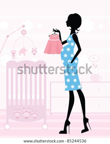 Chic Pregnant Mom-To-Be In Her Upcoming Baby`S Nursery Stock 