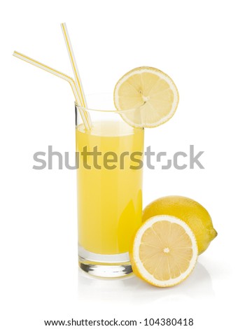 Lemon juice glass and fresh lemons. Isolated on white background