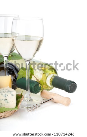 White wine, cheese and grape. Closeup. Isolated on white background