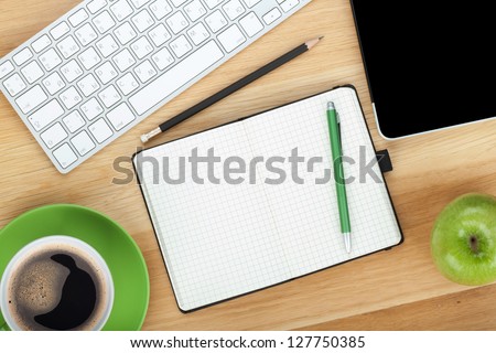 Office Supplies, Devices, Coffee Cup And Apple On Wooden Table