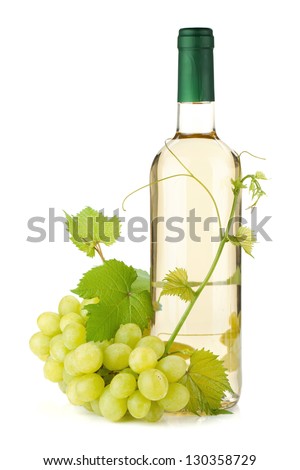 White wine bottle and grapes. Isolated on white background