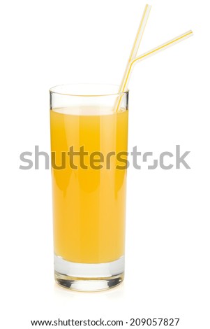 Pineapple juice in a glass with drinking straws. Isolated on white background
