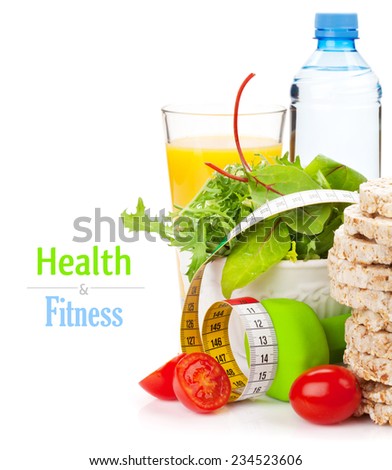 Dumbells, tape measure and healthy food. Fitness and health. Isolated on white background