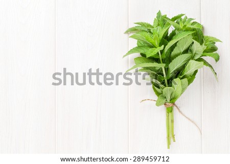 Fresh mint bunch on white wooden table. Top view with copy space