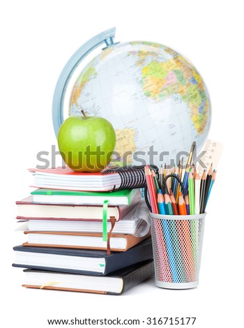 School and office supplies. Notepads, colorful pencils, apple and globe. Isolated on white background