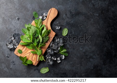 Fresh garden mint and ice on stone table. Top view with copy space