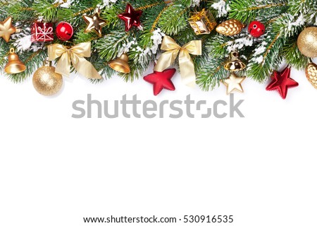 Christmas frame background with baubles decor and snow fir tree. Isolated on white background with copy space