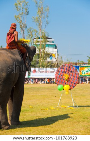 SURIN, ISAN, THAILAND - NOVEMBER 20, 2010: An elephant throws darts to pop balloons during an elephant trick performance at the annual Surin Elephant Roundup on November 20, 2010 in Surin, Thailand