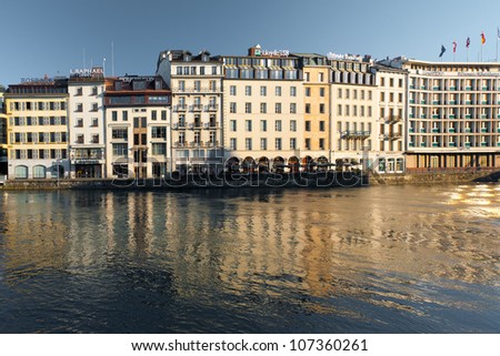 GENEVA, SWITZERLAND - JULY 20, 2010: Banks and financial companies occupy real estate next to Lake Geneva July 20, 2010 in Geneva, Switzerland. Geneva is one of the world\'s leading financial hubs.