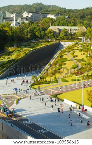 SEOUL, KOREA - SEPTEMBER 22: Aerial view of students walking around Ewha Campus Center at Ewha Womans University, the world\'s largest all female institute on September 22, 2009 in Seoul, Korea