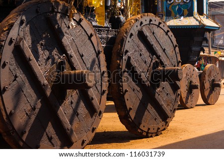 The gigantic wheels of the big and small ratha chariots used in Hindu festivals like Shivaratri in Gokarna, India