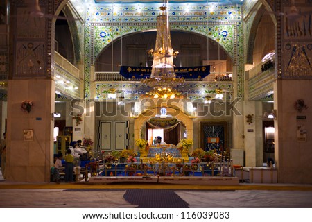 PAONTA SAHIB, INDIA - MAY 23: A Sikh religious service is held inside a publicly accessible temple at the famous Paonta Sahib gurudwara on May 23, 2009 in Paonta Sahib, India