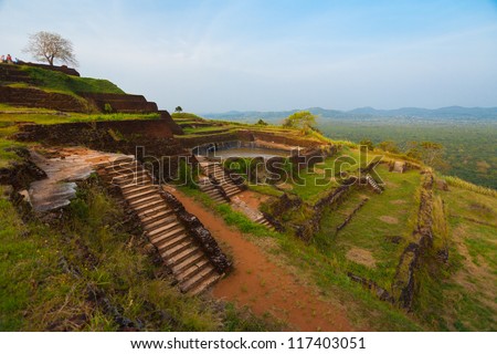 The terraced ruins at the summit top of Sigiriya rock, a former fortress, palace and monastery in Sri Lanka