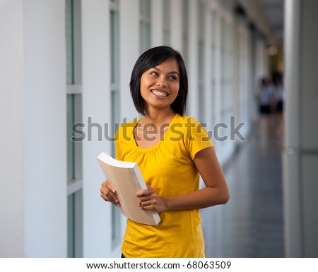 A pretty college student smiles while looking away.  20s female Asian Thai model of Chinese descent.