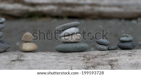 Close-up of stacks of stones in a row, Deception Pass State Park, Oak Harbor, Washington State, USA