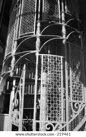 Close-up of a spiral metal staircase, Venice, Italy (black and white),