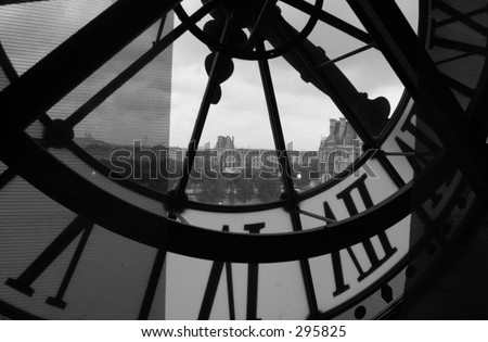 Close-up of a the inside of a clock tower, Paris, France (black and white),