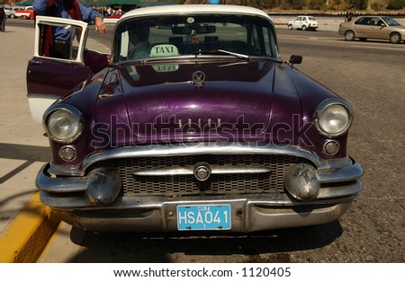 Close-up of a purple colored taxi cab, Havana, Cuba