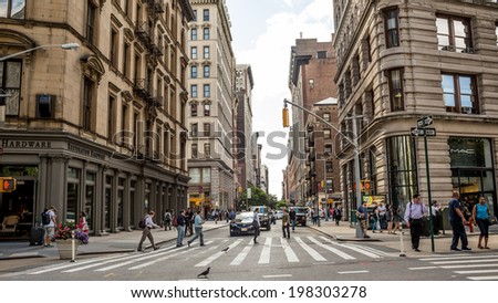 NEW YORK JUNE 6 Flatiron District on June 6 2014 in New York The Flatiron District is a neighborhood in Manhattan named after the Flatiron Building at 23rd Street Broadway and Fifth Avenue NEW YORK JUNE 6 Flatiron District on June 6 2014 in New York The Flatiron District is a neighborhood in Manhattan named after the Flatiron Building at 23rd Street Broadway and Fifth Avenue