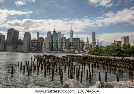 NEW YORK - JUNE 14: Manhattan Skyline from across the East River on June 14, 2014 in New York. The East River is a tidal strait that connects Upper New York Bay to Long Island Sound.