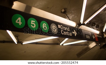 NEW YORK - JULY 14, 2014: MTA subway train sign for Grand Central Station in New York. The NYC Subway is a rapid transit/transportation system in the City of NY.